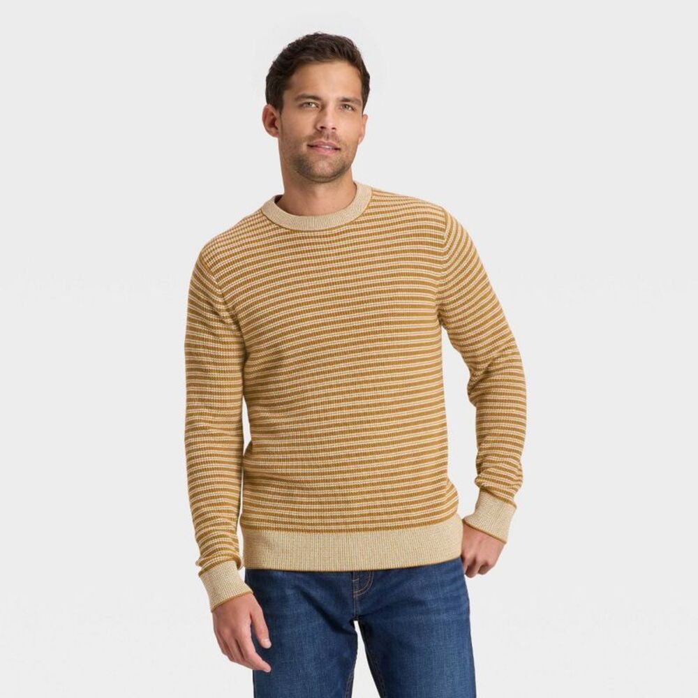 Men's Textured Striped Crewneck Sweater - Goodfellow & Co Light Gold M